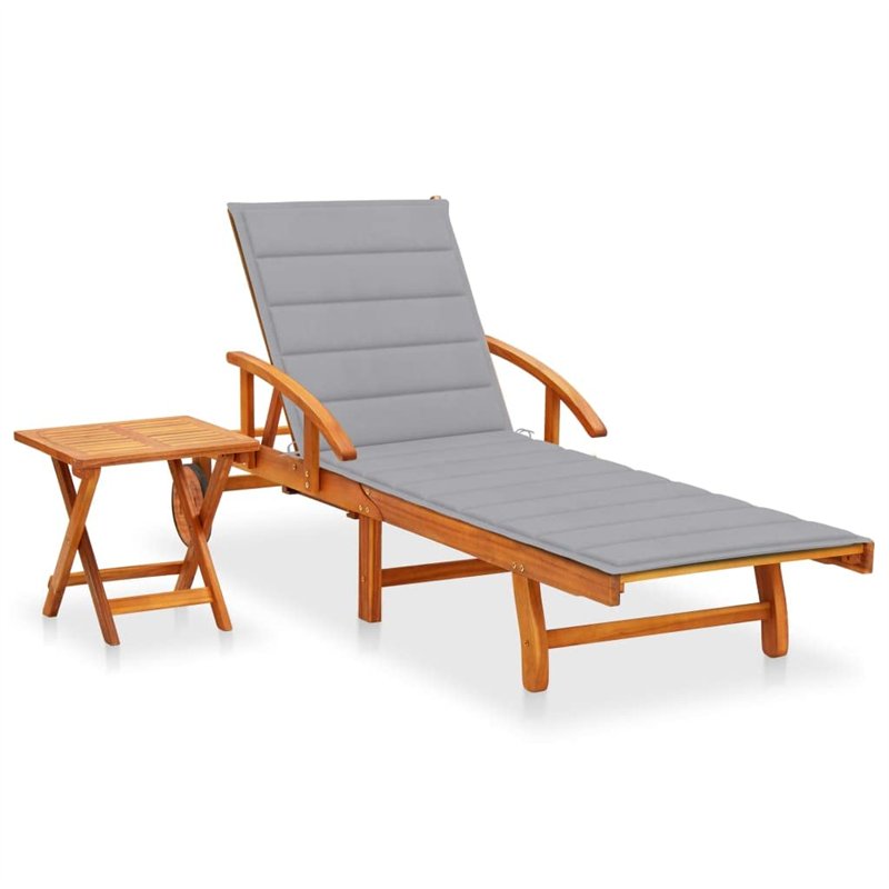vidaXL Bois d'Acacia Chaise Longue de Jardin avec Table et Coussin Bain de Soleil d'Extérieur Transat de Patio Chaise Longue de