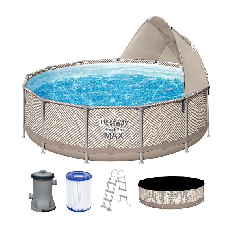 Piscine hors sol ronde Steel Pro Max™ 396 x 107 cm, filtre à cartouche, bâche, auvent, échelle, Beige