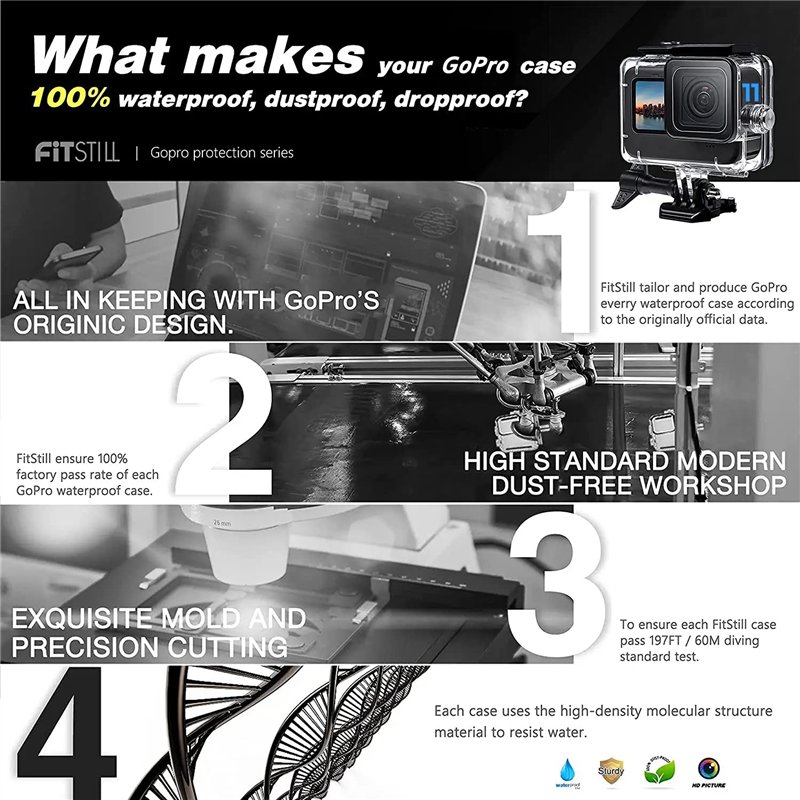 Image secondaire de FitStill 60M/196FT Boîtier étanche pour Go Pro Hero 12/Hero 11/Hero 10/Hero 9 Black, Boîtier de plongée sous-Marine pour avec Ac