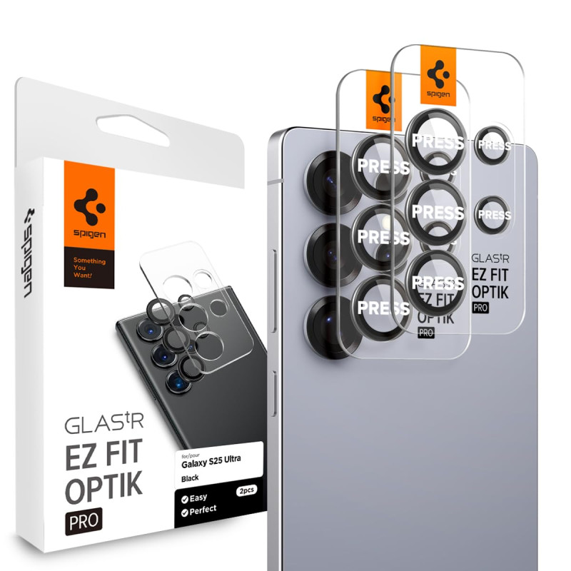 Spigen Glas.tR EZ Fit Optik Pro Protection Caméra pour Samsung Galaxy S25 Ultra, Noir, 2 Pièces, Installation Facile, Protection