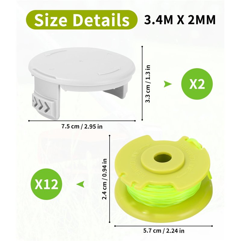 Image secondaire de 12 Pack Bobine Fil Coupe Bordure remplacements pour Ryobi One+,Ø2mm & 3.4m bobine,ligne de bobine coupe AC80RL3/AC14HCA remplace