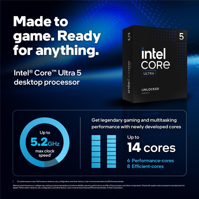 Image secondaire de Intel® Core™ Ultra 5 245K processeur pour PC de Bureau 14 cœurs (6 P-Cores + 8 E-Cores) jusqu'à 5,2 GHz