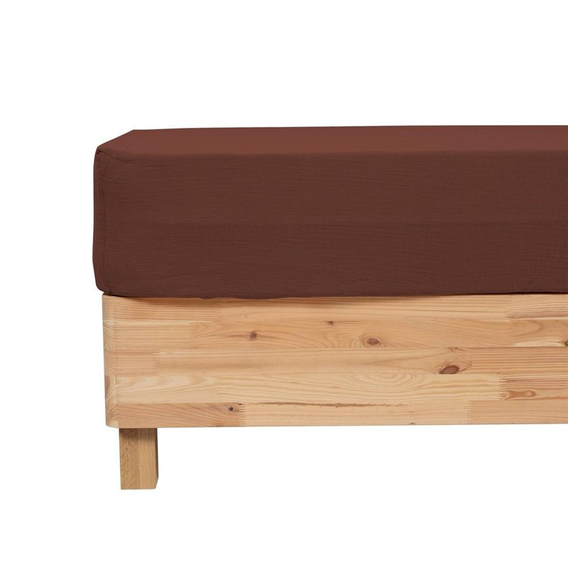 Atmosphera - Drap Housse Flora Gaze de Coton Marron 140x190cm
