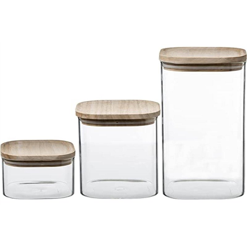 Five - Lot de 3 Bocaux empilables en Verre avec Couvercle en Bois
