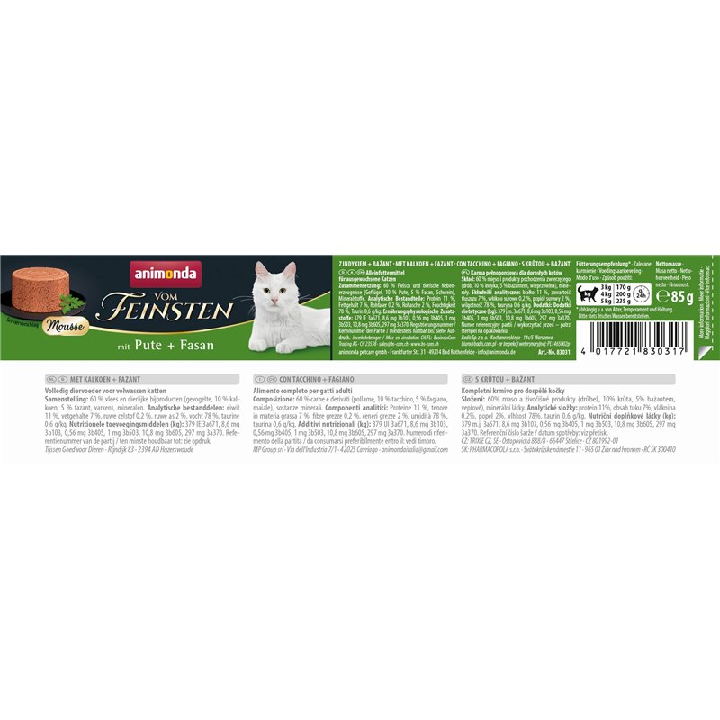 Image secondaire de animonda vom Feinsten Mousse - Nourriture Humide pour Chat Adulte - sans Sucre - avec Dinde et Faisan - 12 x 85 cm