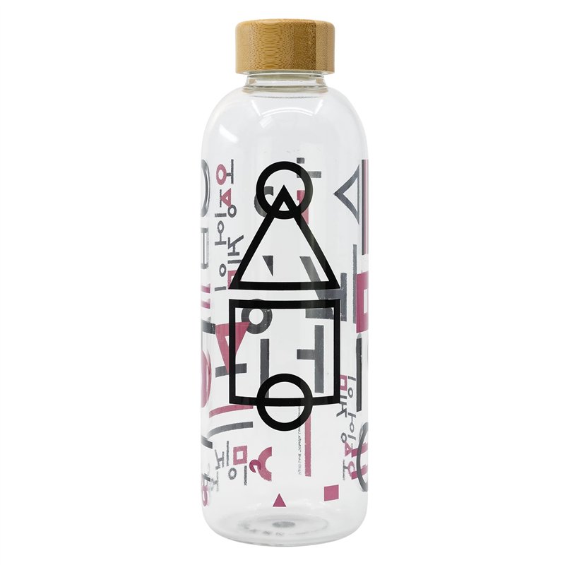 Stor Squid Game - Grande Bouteille en Verre - Réutilisable Jeu du Calamar - Bouteille transportable 1030 ML - Couvercle en Bambo