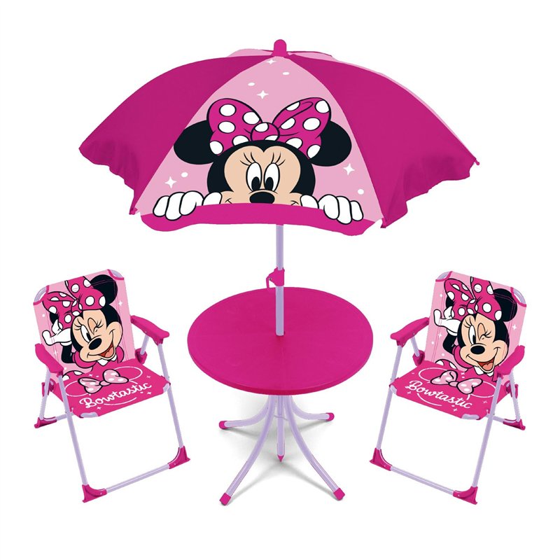 ARDITEX WD16123 Disney Minnie Set de Table (50 x 50 x 48 cm), 2 chaises (38 x 32 x 53 cm) et Parasol (diamètre 110 cm)