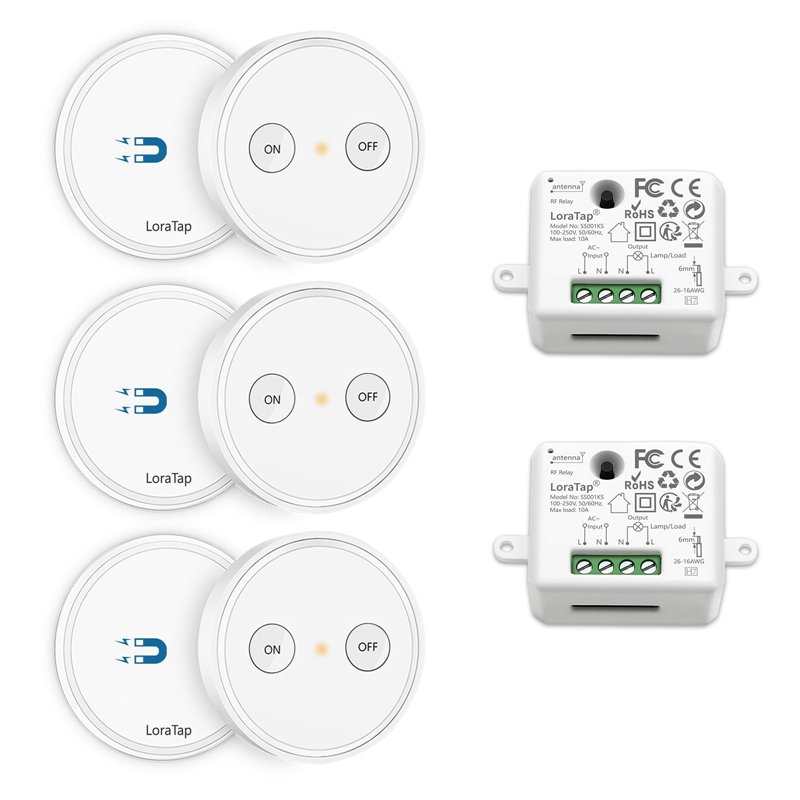 LoraTap Kit Interrupteur Sans Fil, 2 Récepteurs 2500W, Portée 200M, 3 Emetteurs Radio 868Mhz, Va et Vient, Commande à Distance M
