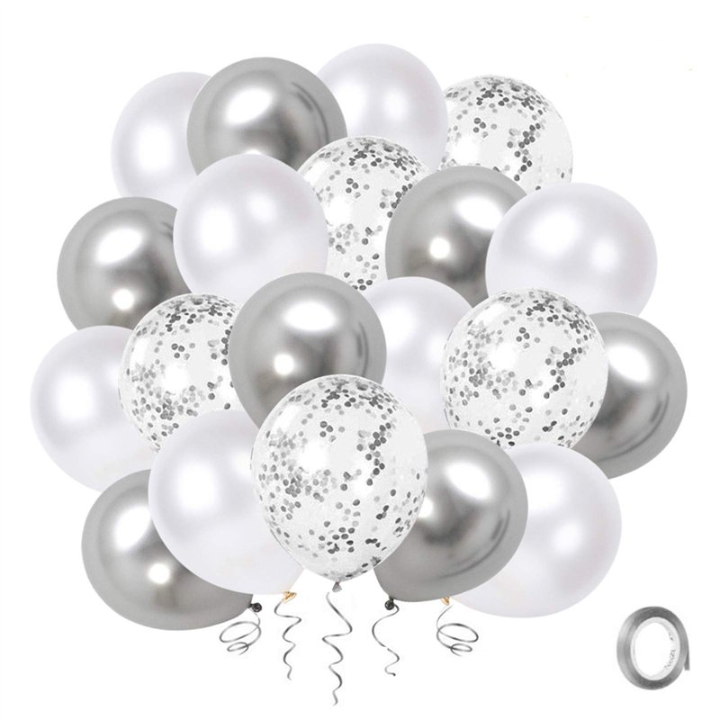 Ballon Blanc et Argent, 50 pièces 12 pouces Argent Confettis Ballons de Fête en Métal Chromé Argenté avec Ruban Argenté pour Déco