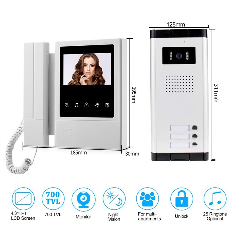 Image secondaire de HFeng 4.3 '' Kit interphone vidéo couleur pour interphone 3 moniteurs + 700TVL Caméra vidéo de vision nocturne COMS IR pour 3 ap