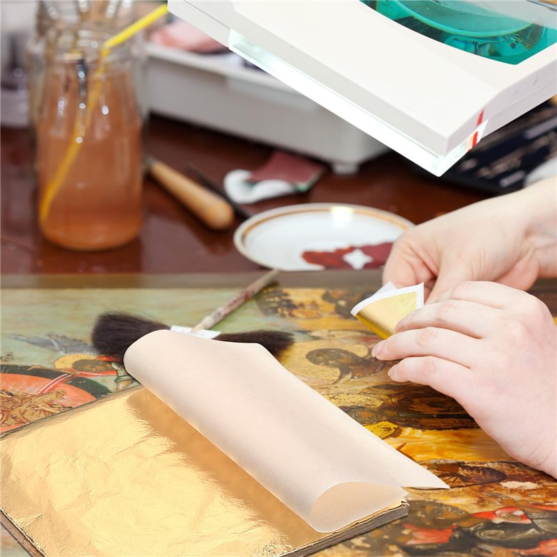 Image secondaire de 100 Feuilles Imitation Feuille d'Or pour les Arts, la Création de Dorure, la Décoration, 14 par 14 cm