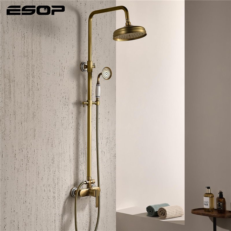 Image secondaire de ESOP Colonne de Douche Rétro avec Mitigeur, Système de Douche Laiton Antique Ensemble de Douche Montage Mural Set de Douche avec