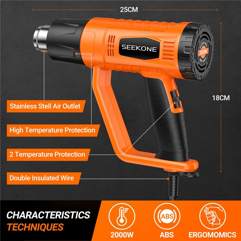 Image secondaire de Décapeur Thermique, SEEKONE 2000W 400℃ & 600℃ Réglages Double Température Pistolet Thermique avec 4 Buses, Protection de Surcharge