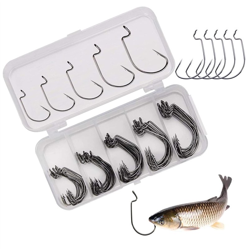 DXIA 50Pcs Boîte Hameçons, Acier à Haute Teneur en Carbone Crochets Décalés de Pêche Convient à Leurres Cuillères Offset Hooks, 