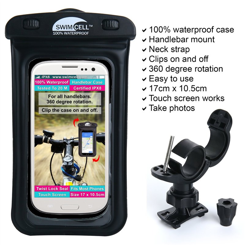 Image secondaire de SwimCell Support Téléphone Étanche Vélo Moto Guidon Pochette Waterproof Smartphone Apple Samsung Android. Circonf. 6.5-9.5 Cm. R