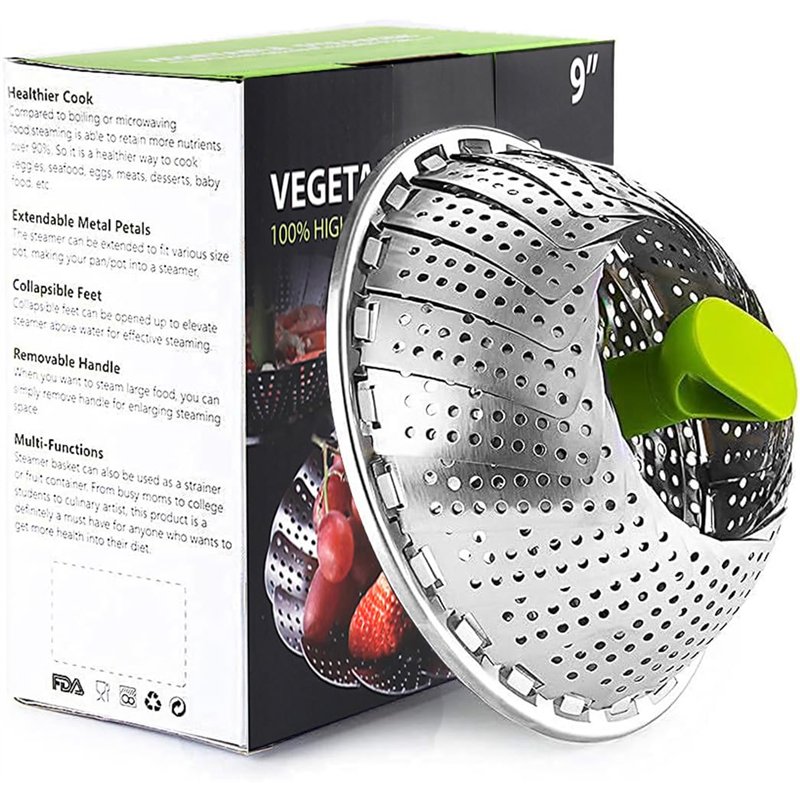 BetterJonny Pliable Panier Vapeur, Cuit Vapeur Inoxydable Panier Vapeur Télescopique avec Poignée Extensible Anti-Chaude et Pied