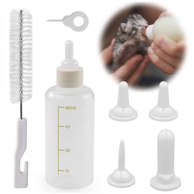 onebarleycorn Biberon Chaton, Biberon Chaton Nouveau Né Biberon Chiot Non Sevré,Tétines et Brosse à Nettoyer (60ml)