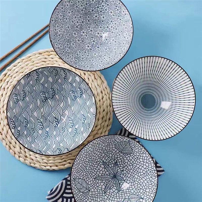 Image secondaire de QINLANG Lot de 4 bols à ramen japonais en céramique pour céréales, soupe, Pho, nouilles - Bleu et blanc, 20,3 cm