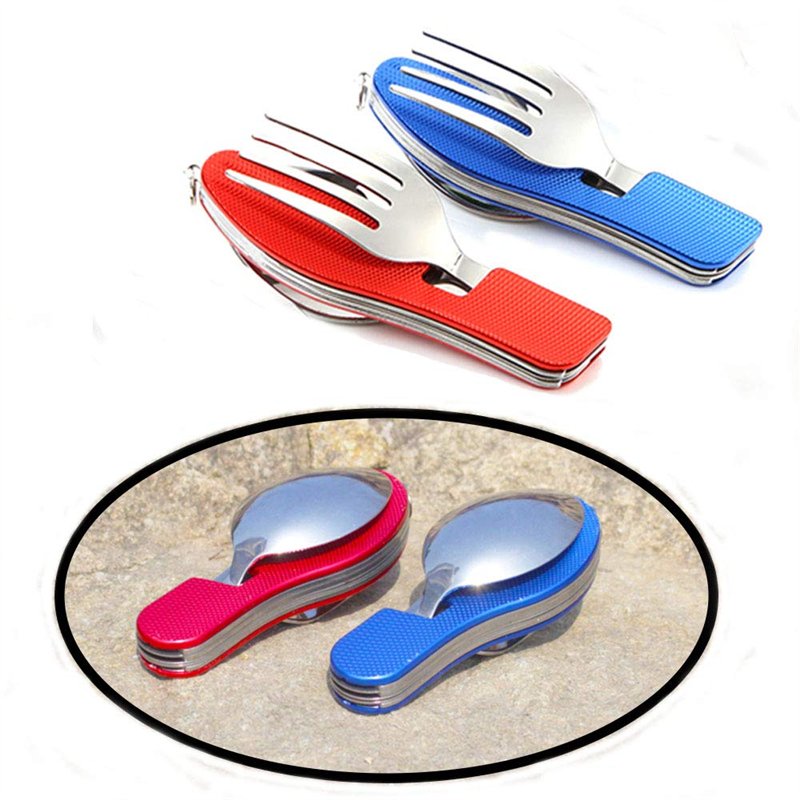 Senven 2Pcs 4 en 1 vaisselle de camping matériel de camping mis en acier inoxydable fourchette cuillère ensemble ouvre-bouteille