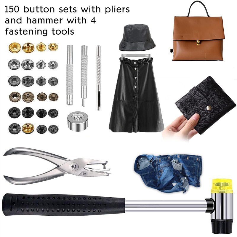 Image secondaire de 150 Boutons Pression en Métal,Boutons-Pression en Métal de 6 Couleurs avec Trousse à Outils,pour Sacs à Dos de Chemise en Cuir,C