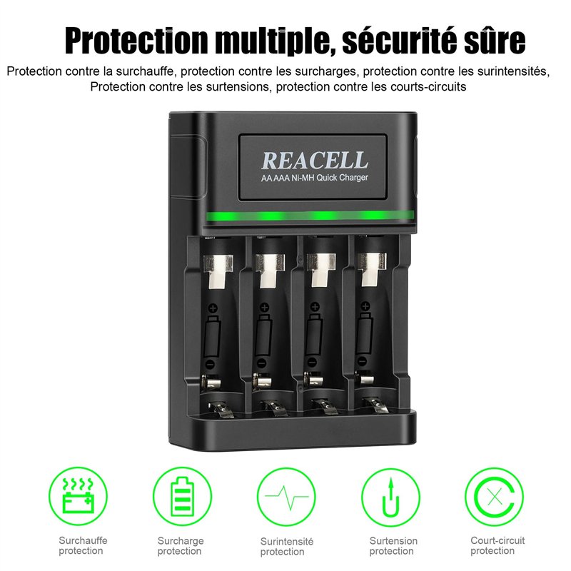 Image secondaire de REACELL 4 Slots Chargeur de Piles Rapide pour AA AAA Piles Rechargeables Ni-MH, avec Indicateurs LED Intelligents