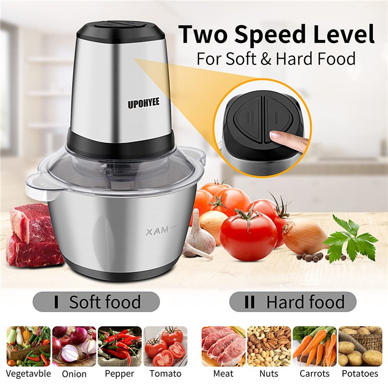 Image secondaire de UPOHYEE Hachoir électrique 600 W hachoir cuisine avec 4 lames et 2 L Bol en acier inoxydable Electrique Mixeur Cuisine 2 vitesse
