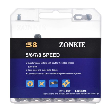 zonkie Chaîne de vélo 5/6/7/8 vitesses 1/2 x 3/32" 118 maillons