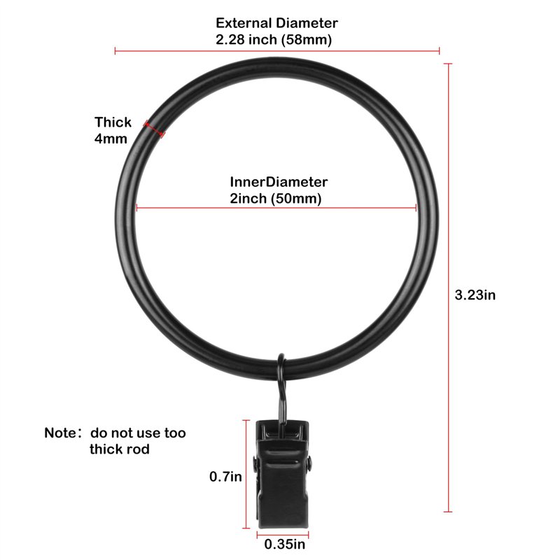 Image secondaire de OOTSR Draperie Rideau Clips avec des Anneaux (Φ50mm, Set de 16) - Antirouille Mat Acier Inoxydable Tringle à Rideau Anneaux Clip