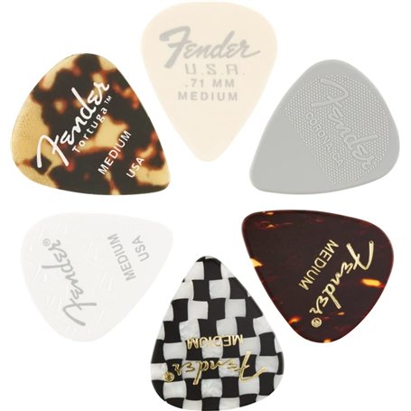 Fender© "351 Material Medley Picks" Médiators pour Guitare et Basse - Diverses couleurs et matériaux - Medium - Set de 6