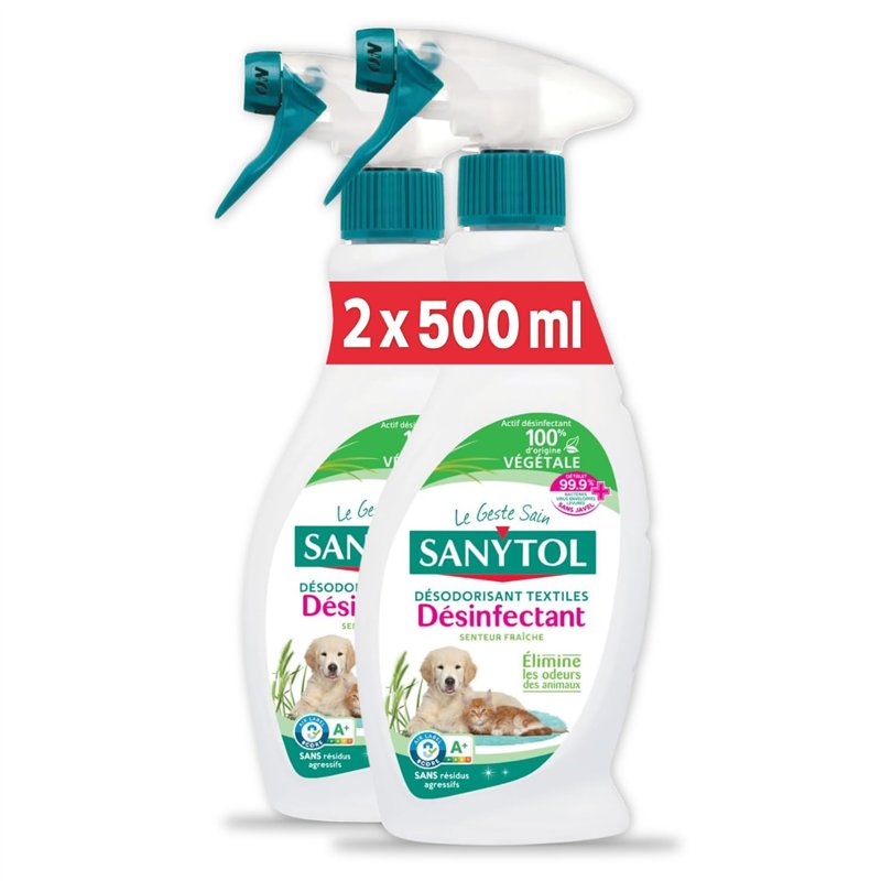 Sanytol - Désodorisant Textiles Désinfectant - 500 ml - Lot de 2 - Tous Types de Textiles - Bactéricide, Virucide - Sans Résidus
