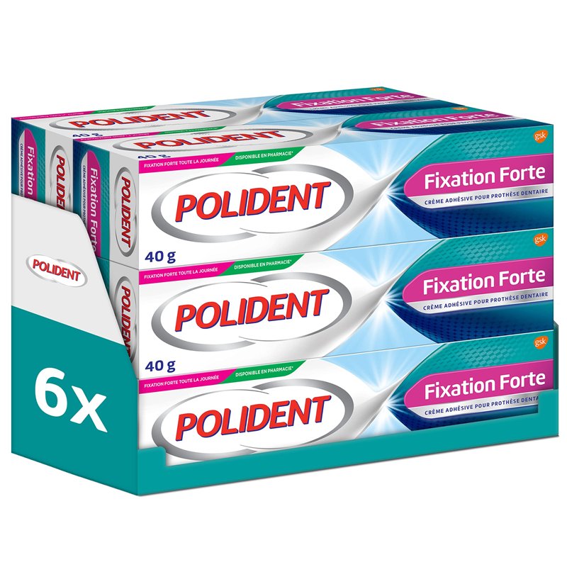 Polident Crème fixative Forte Toute La Journée, Pour Prothèses Dentaires Partielles ou Complètes, lot de 6x40g