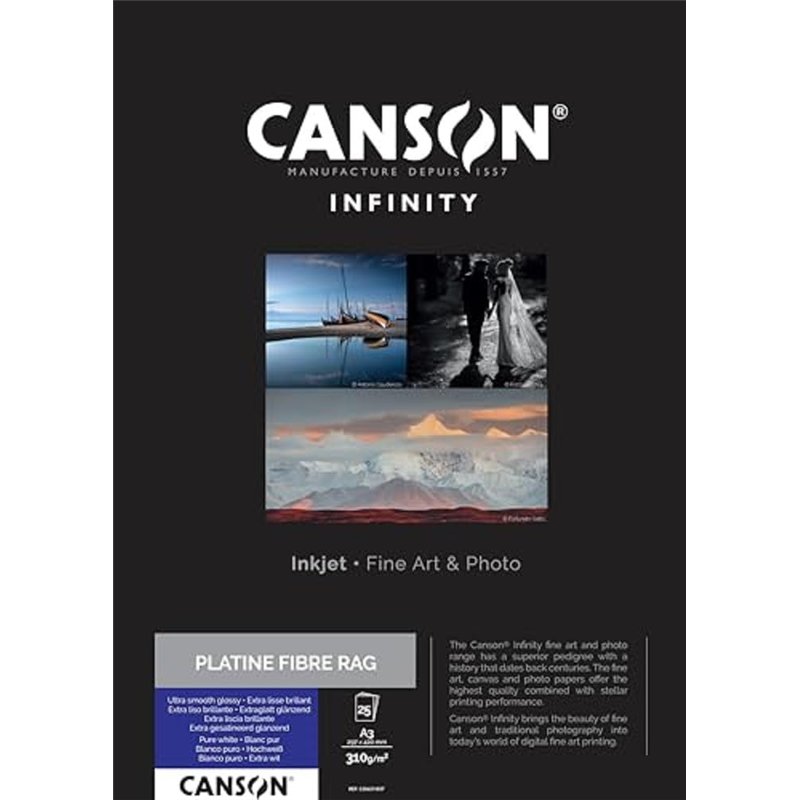 CANSON Infinity - Platine Fibre Rag - Boîte 25 feuilles de papier photo baryté A3 brillant - 310g/m² - Blanc Pur