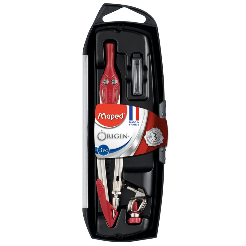 Image secondaire de Maped - Coffret Origin 3 Pièces - Fabrication Française - Compas Scolaire + Bague Universelle + Étui-Mines - Avec Sécurité Protè