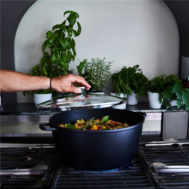 Image secondaire de Baumalu, Cocotte Mijoteuse Haute 32cm 10L en Fonte d'Aluminium Noir avec Couvercle en Verre, Revêtement Anti-Adhérent Whitford X