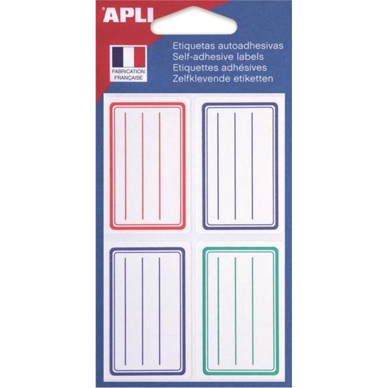 APLI 101096 - Pochette 24 étiquettes scolaires lignées bleues/rouges/vertes - 36 x 56 mm - Coins arrondis