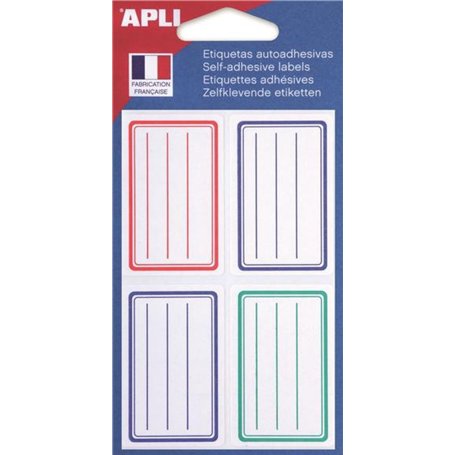 APLI 101096 - Pochette 24 étiquettes scolaires lignées bleues/rouges/vertes - 36 x 56 mm - Coins arrondis