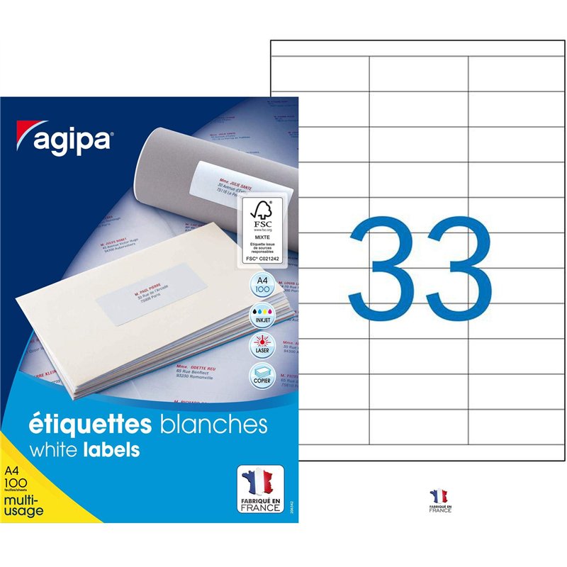 AGIPA 119007 - 3300 Etiquettes adhésives blanches A4 MU - 70 x 25 mm - Impression : laser, copieur, jet d'encre - Fabriqué en Fr