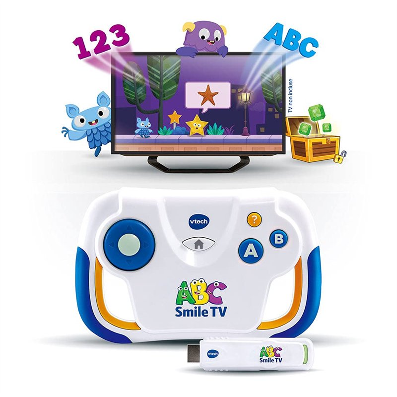 VTech - ABC Smile TV, Ma Première Console TV Éducative, Console de Jeux et d'Apprentissages avec Manette sans Fil, Clé HDMI Plug