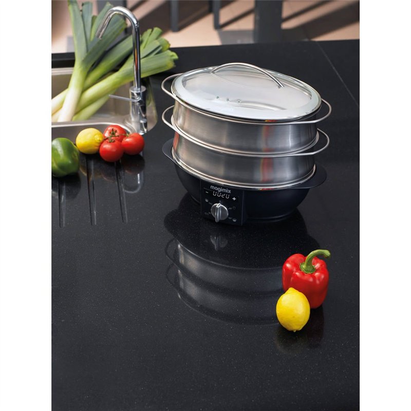 Image secondaire de Magimix 11579 Cuiseur Vapeur avec 2 paniers Rotatif, chromé, Verre, Acier Inoxydable 12,2 l, 1,2 l 1900 W