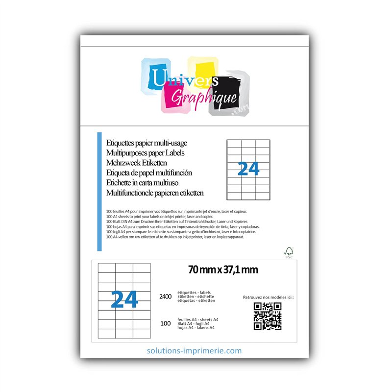 2400 Etiquettes adressage autocollantes 70 x 37 mm - 100 Feuilles A4 de 24 étiquettes multi-usage 70x 37.1 mm compatibles jet d’