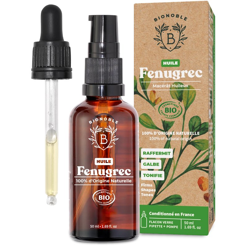 Bionoble Huile de Fenugrec Bio 50ml pour Grossir Poitrine et Fesses - Avec Pipette + Pompe - Bouteille en Verre - Macérât Huileu