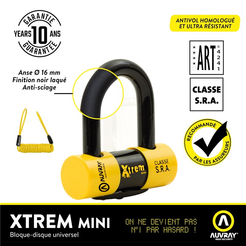 Image secondaire de AUVRAY - Antivol moto bloque disque MINI U - BLOCK DISC XTREM MINI - Haute sécurité - Cordon de rappel-Certifié SRA et ART-Recom