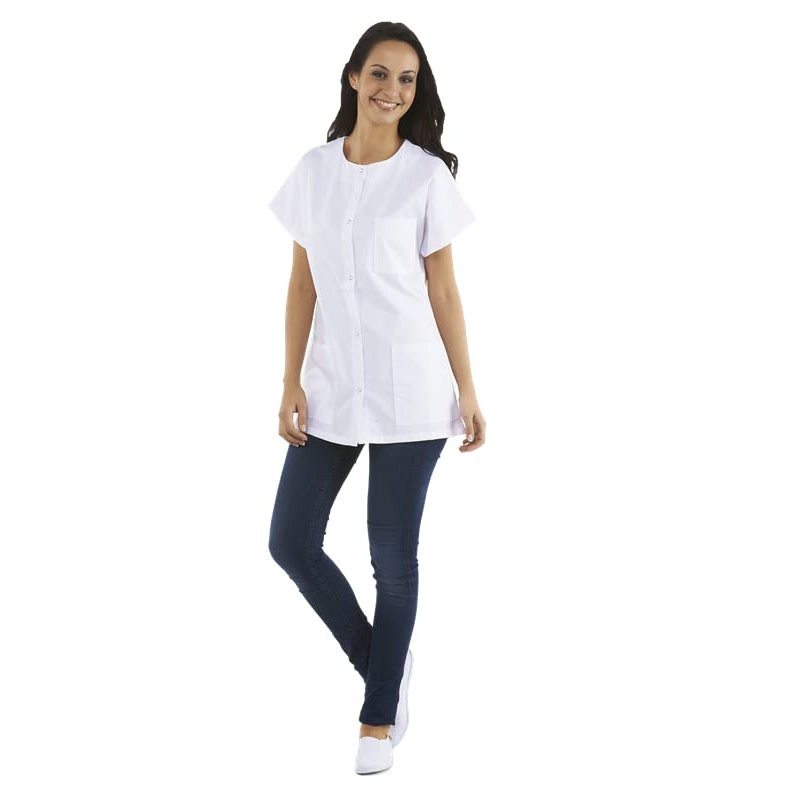 Image secondaire de Tunique médicale Femme, col rond, boutons pression (infirmiere pharmicie hopital medecin...) (Taille 1 - S - 38/40) - Blanc