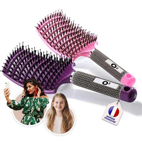 2 Brosses à Cheveux en Poils de sanglier- Démélant 100% Narurel - Démêler sans larmes ! Set Brosses (Rose et violette)