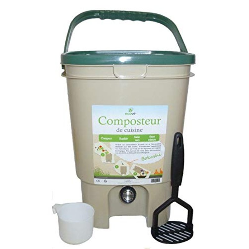 Ecovi Kit Composteur de Cuisine 20L + Activateur 1Kg, Vert, 28 x 28 x 39 cm