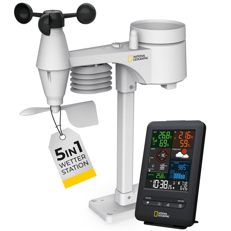 National Geographic Station Météo Couleur Sans Fil Avec Capteur Extérieur 5 En 1 De Température/Humidité De L’air/Pression Atmos