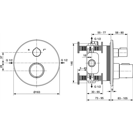 Ideal Standard CERATHERM T100 Ensemble Thermostatique Bain Douche Rond Encastré Corps et Façade Inverseur Deux Sorties Finition