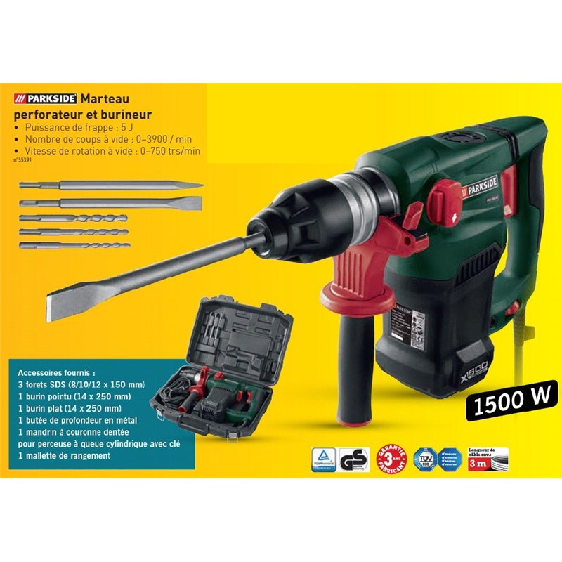 Marteau pneumatique • Perforateur et burineur • Parkside 1500W avec accessoires • PBH 1500 B2