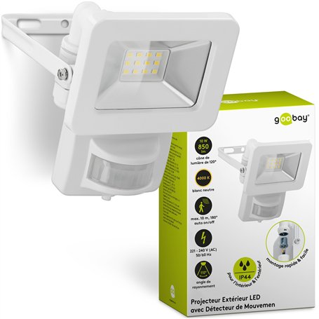 goobay 53878 Projecteur LED avec détecteur de mouvement – Projecteur LED de 10 W – Lumière blanc neutre 4000 K – 850 lm – Angle