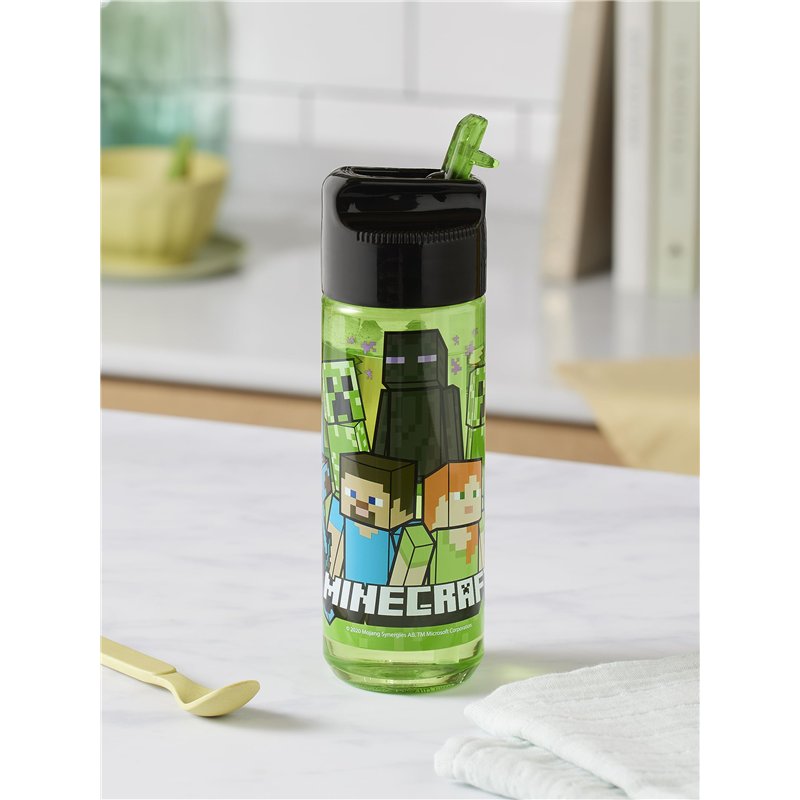 Image secondaire de p:os 33171 - Gourde pour enfants, environ 540 ml, design transparent avec motif Minecraft et paille intégrée à rabat, en plastique